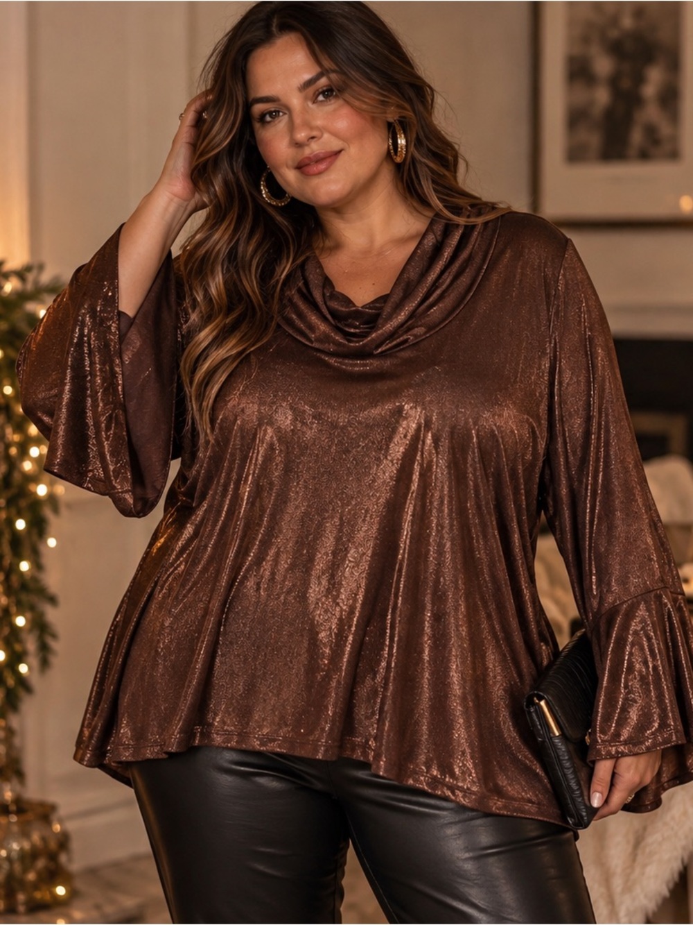 Laura Plus Metallic Brown Cowl Neck Tunic Top 3X Bell Sleeve Party Boho Holiday